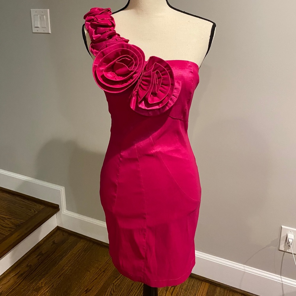 Pink One Shoulder Rose Detail Dress